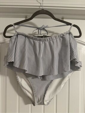 Xhilaration White and Navy Striped Off-Shoulder Bikini Set